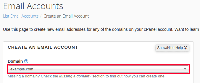 Select Domain to Create Email in cPanel