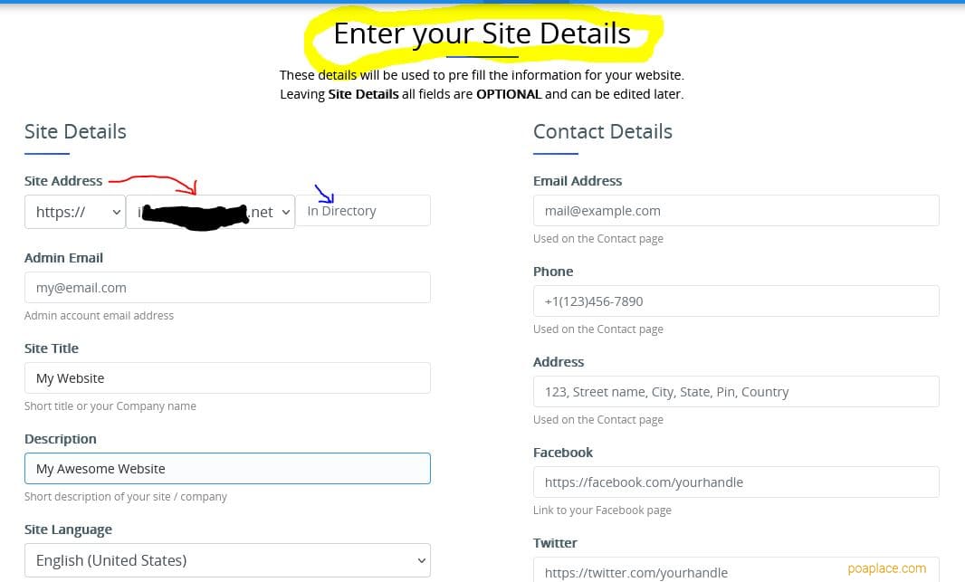 Enter Site Details :: Create a Website With SitePad