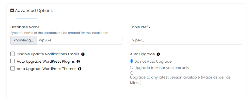 Softaculous WP Site Advanced Options