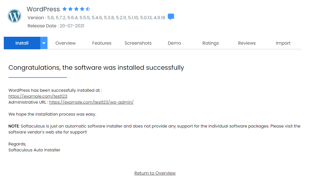 Softaculous WP Installation Done