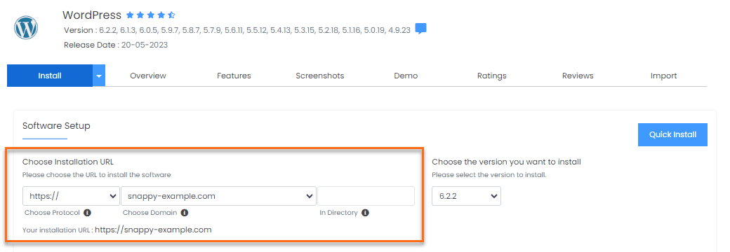 Softaculous WordPress Installation Choose Domain
