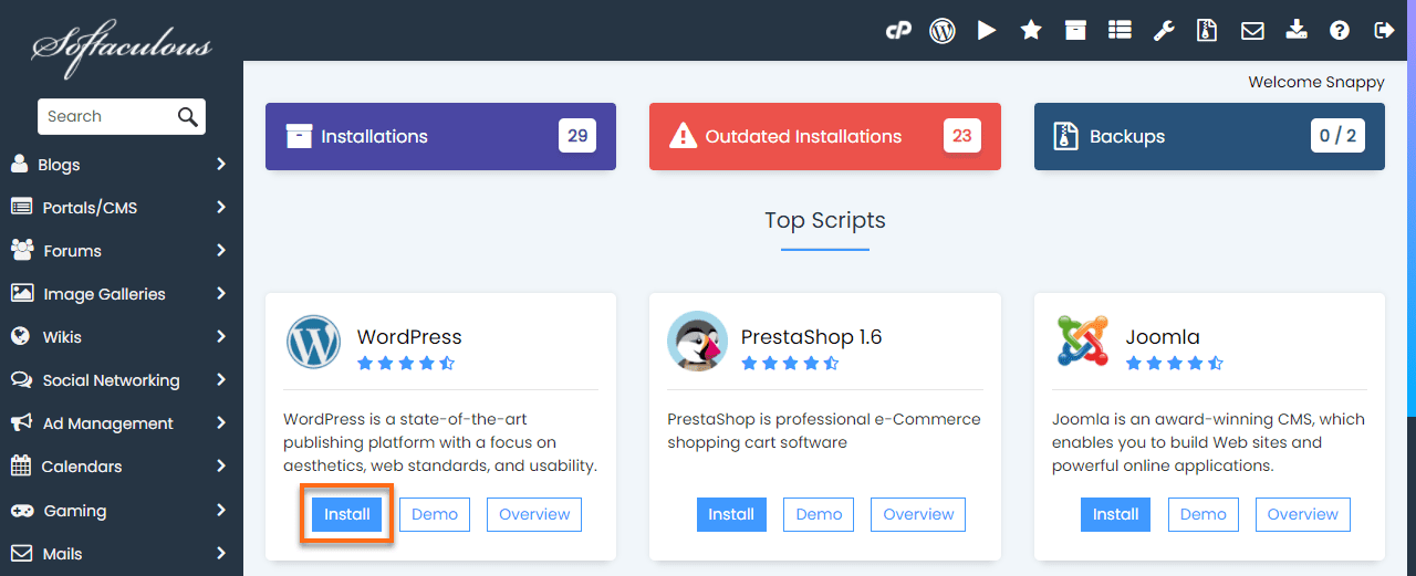 Softaculous WordPress Install