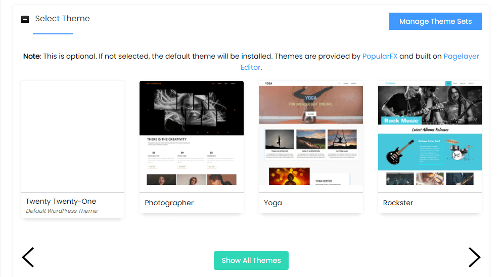 Softaculous WP Site Select Theme